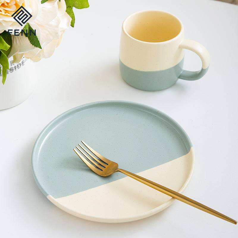 Nordic style two tone colors speckled glaze round serving dish platter dessert restaurant ceramic dinner plates
