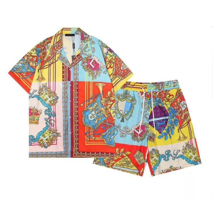 Men's Hawaiian sets Loose Top Floral Letter Print Shirts For Men Fashion design Breathable Summer Short Sleeve shirt men's