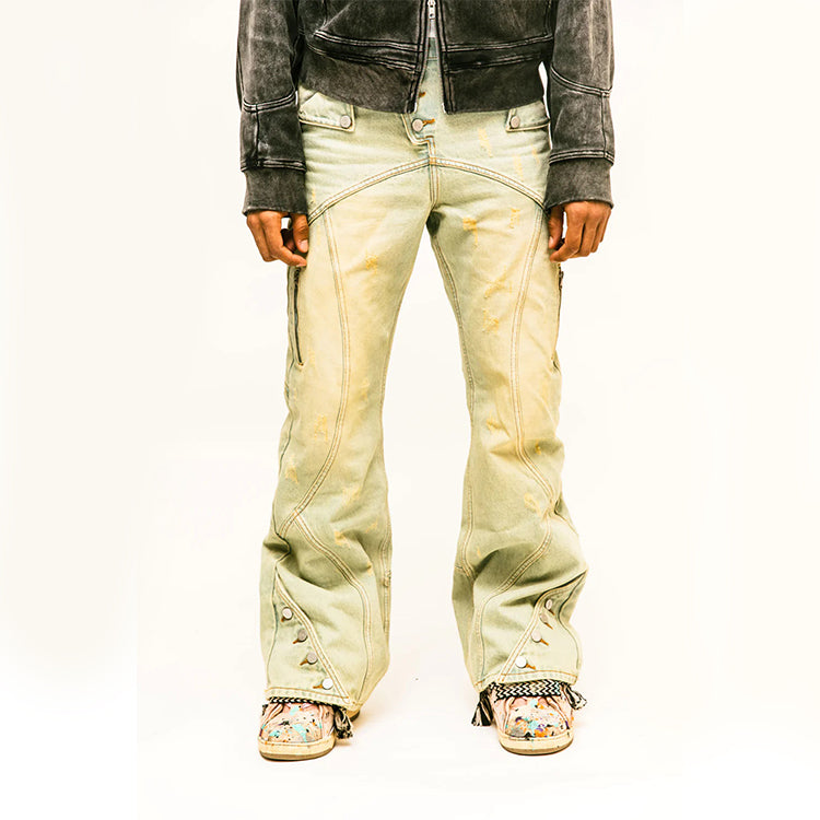 DiZNEW Vintage Stacked Pants 100% Cotton Wholesale Men Side Button Jeans Flared Denim Jeans