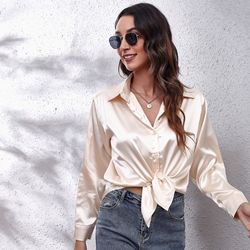 Wholesale multicolor casual shirt women's blouses & shirts fashion plain plus size top satin silk shirts