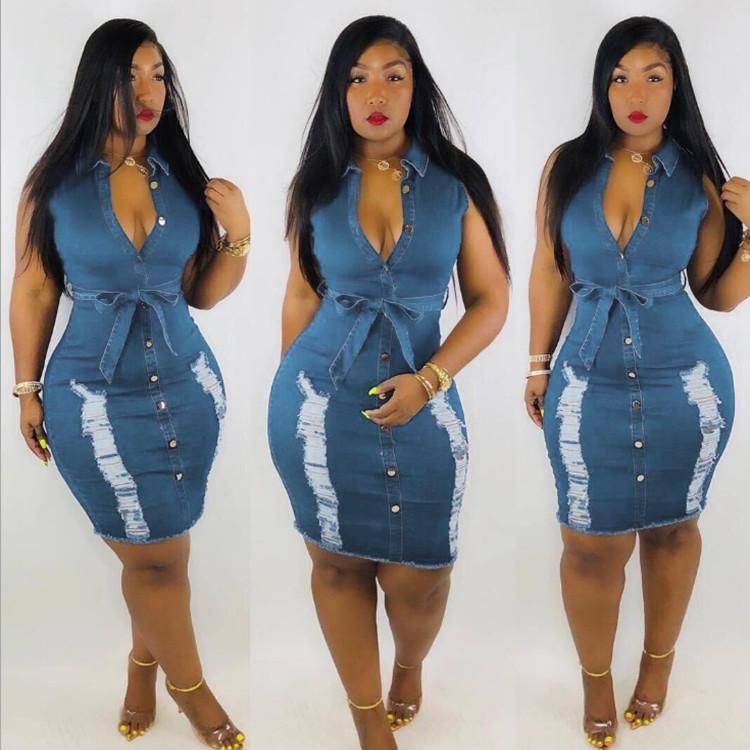 2020 summer women jeans sleeveless reverse collar washed and polished jeans dress