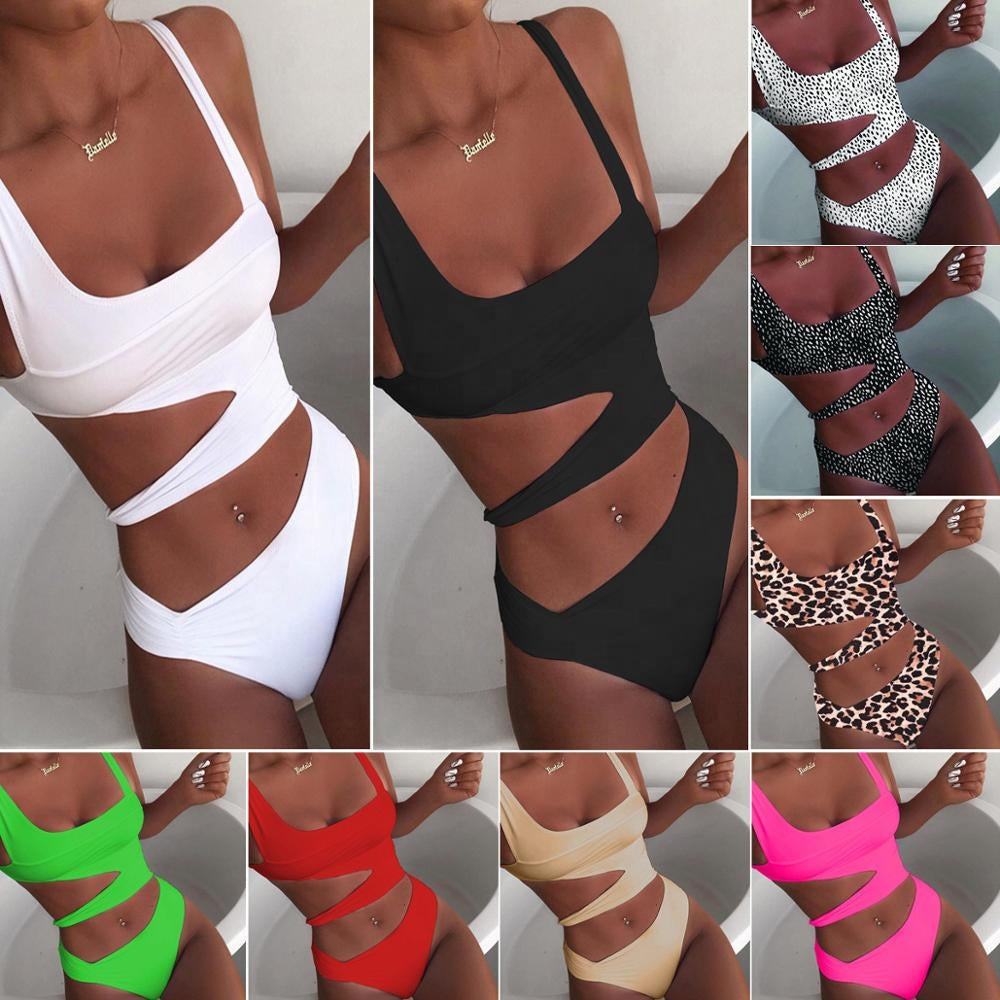 2021 new solid color one piece swimsuit solid color one piece bikini womens hollow swimsuit