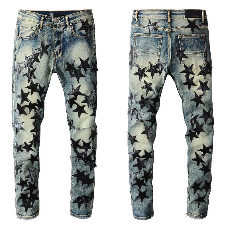 Guys Rip Slim Fit Skinny Man Pants Orange Star Patches Trendy Long Straight Hip Hop With Hole Blue Mens Jeans