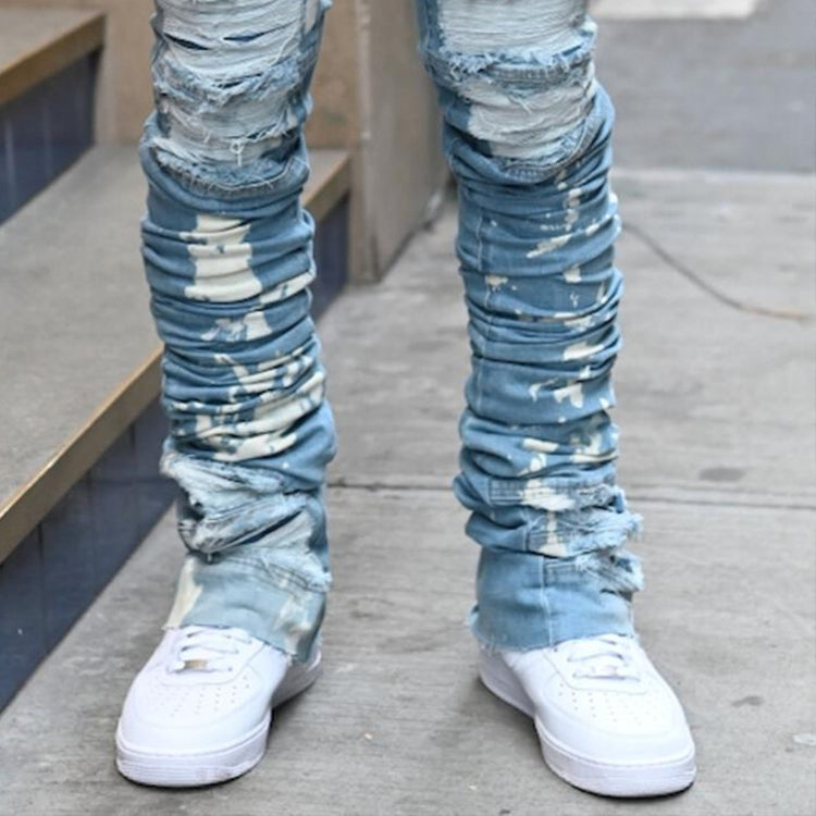 Heavyweight vintage acid wash blue denim pants men wholesale cut edge stacked jeans flare custom ripped distressed jeans