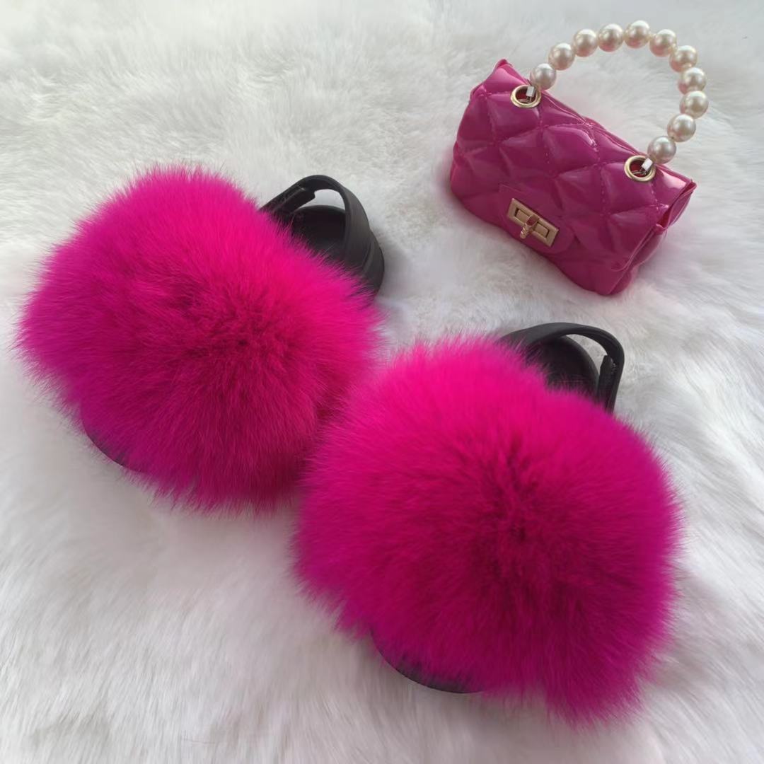 new arrival wholesale colorful fur cute raccoon fox fur slippers summer toddler fur slides kids girls shoes and bags set 2021