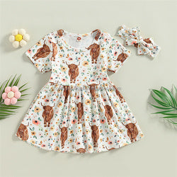 1Pcs Custom Logo RTS  Toddler Short Sleeve Cow Floral Print Girls Kids Dress