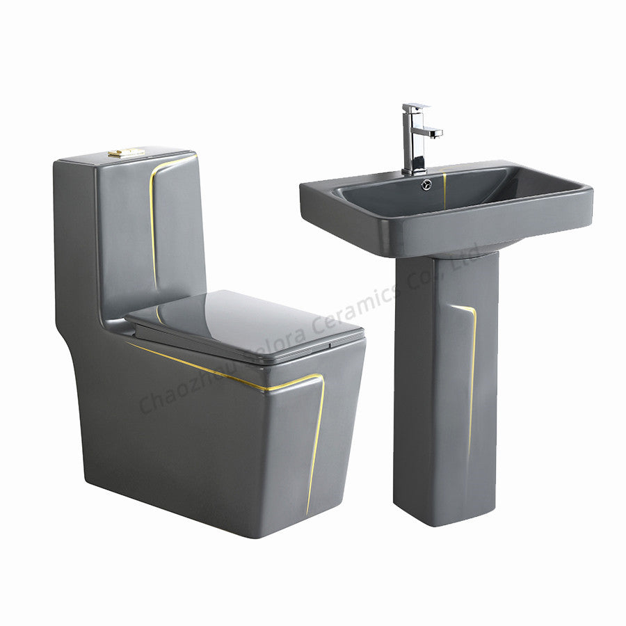 Modern bathroom grey square sanitary ware suite wc one piece ceramic commode basin toilet bowl toilet set with pedestal sink
