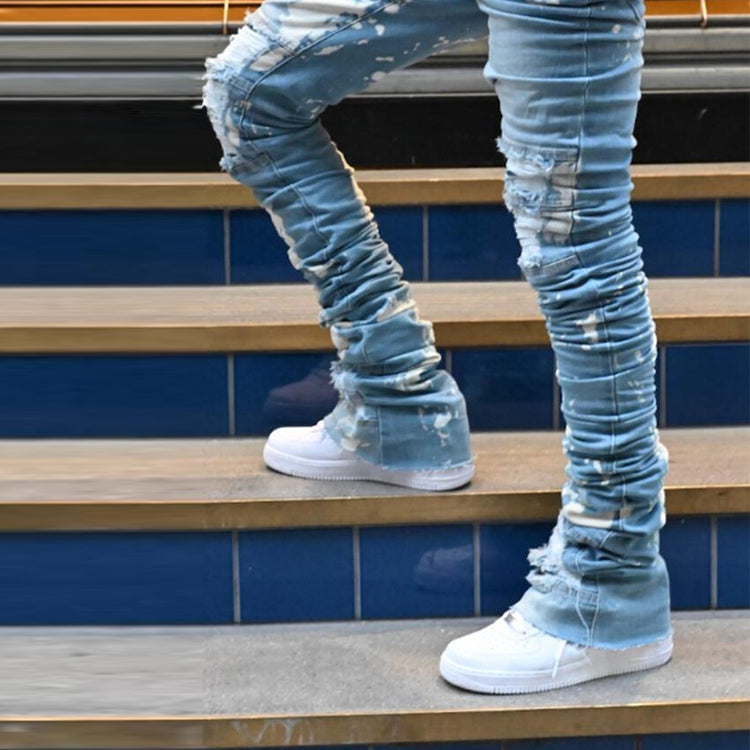 Heavyweight vintage acid wash blue denim pants men wholesale cut edge stacked jeans flare custom ripped distressed jeans