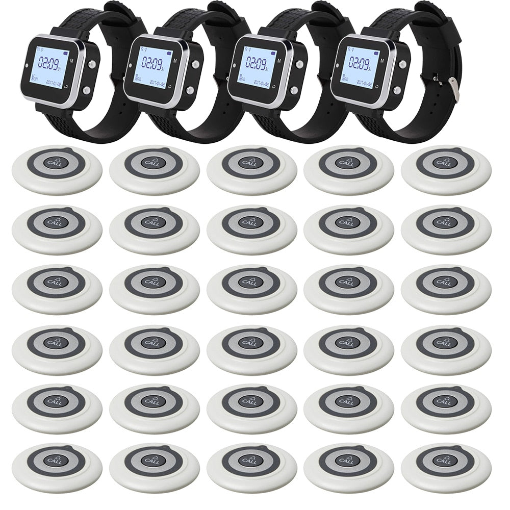 JINGLE BELLS 30 Calling Buttons 4 Watch Pager Receiver Wireless Service Call Bells Restaurant Guest Calling Systems