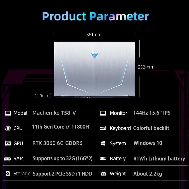 machenike t58 rtx3060 gaming laptop i7 11800h 16g 512g ssd 144hz 15 6 wifi 6 backlit keyboard notebook computer windows 10 laptops