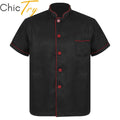 Mens Chef Shirt Uniform Coat Jacket Short Sleeve Restaurant Kitchen Bakery Stand Collar Button Down Cooking Tops with Pocket