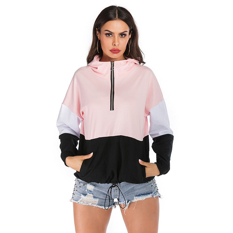 autumn style stitched hooded zipper pullover long sleeve bottomed womens sweater casual