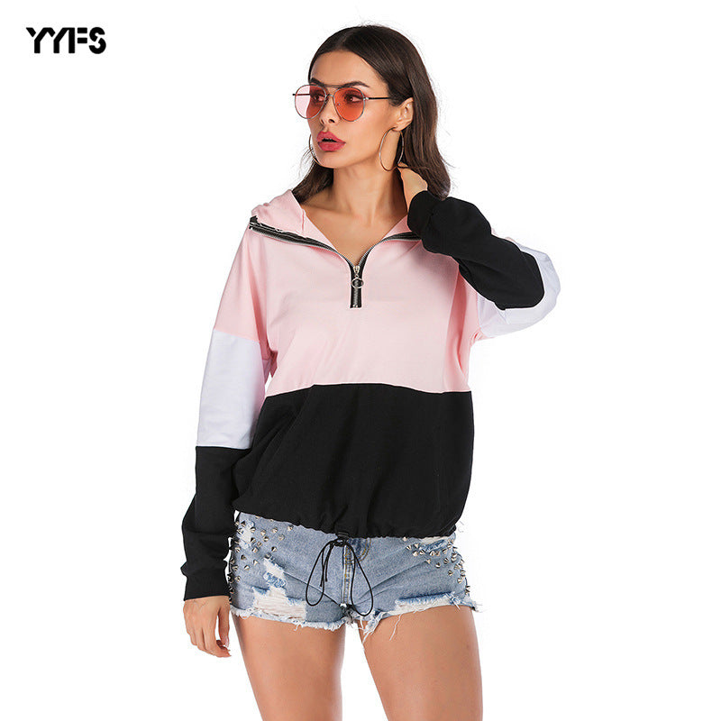 autumn style stitched hooded zipper pullover long sleeve bottomed womens sweater casual