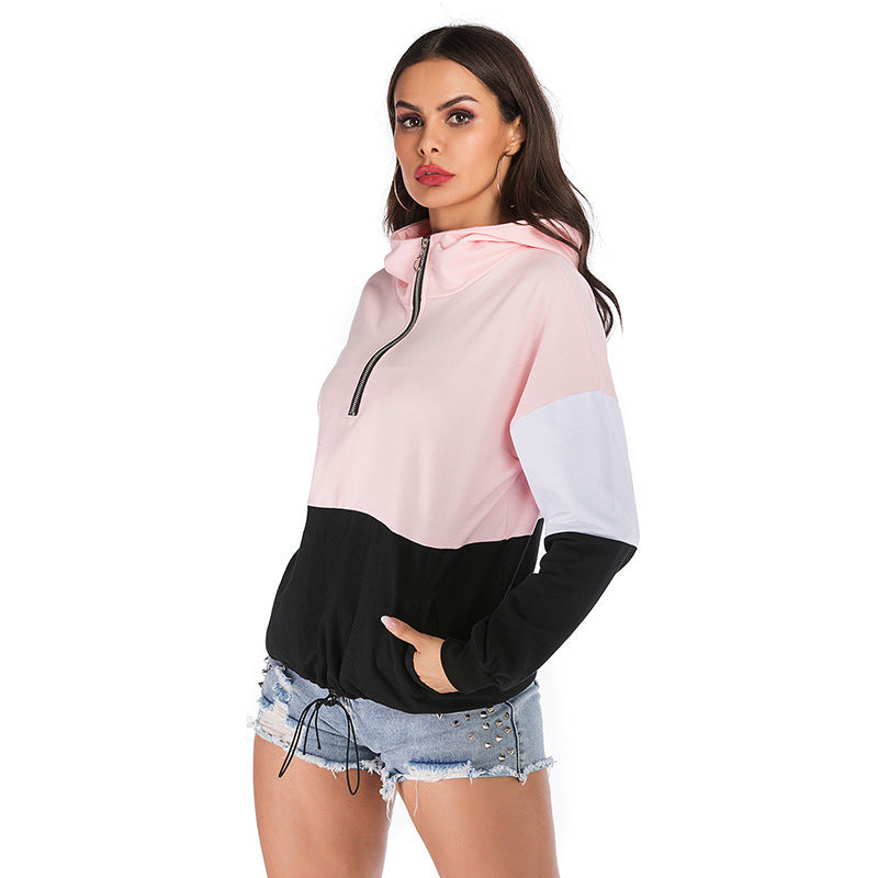 autumn style stitched hooded zipper pullover long sleeve bottomed womens sweater casual