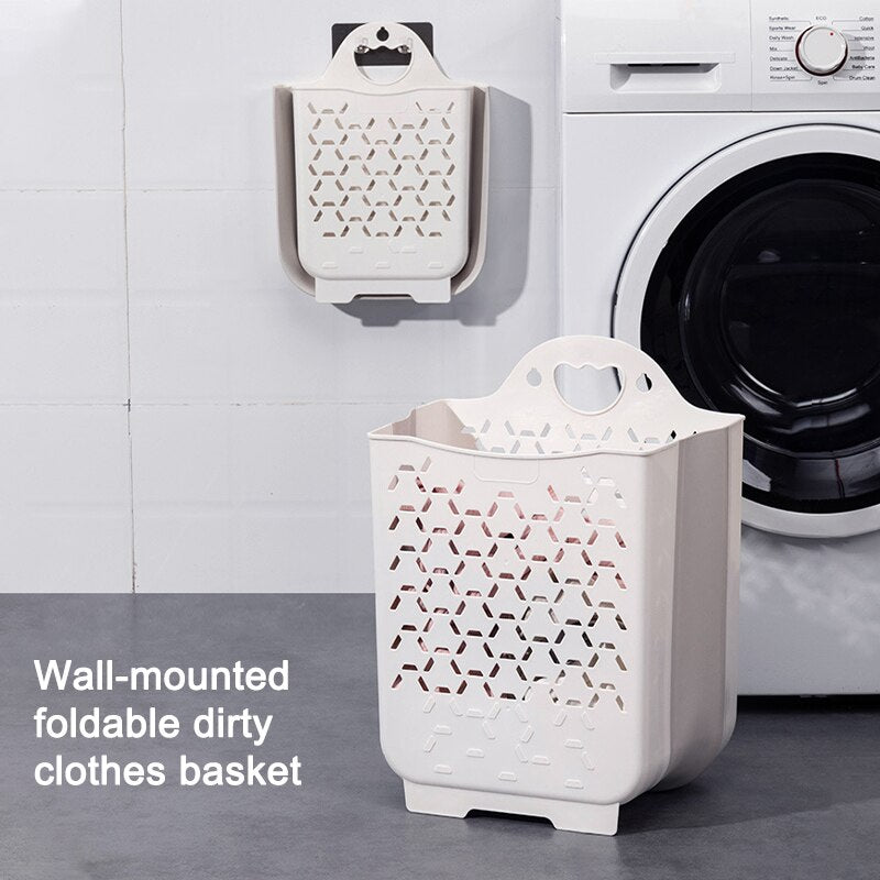Wall-mounted Folding Laundry Basket Household Dirty Clothes Storage Basket Small/Large Plastic Laundry Bathroom Organizer