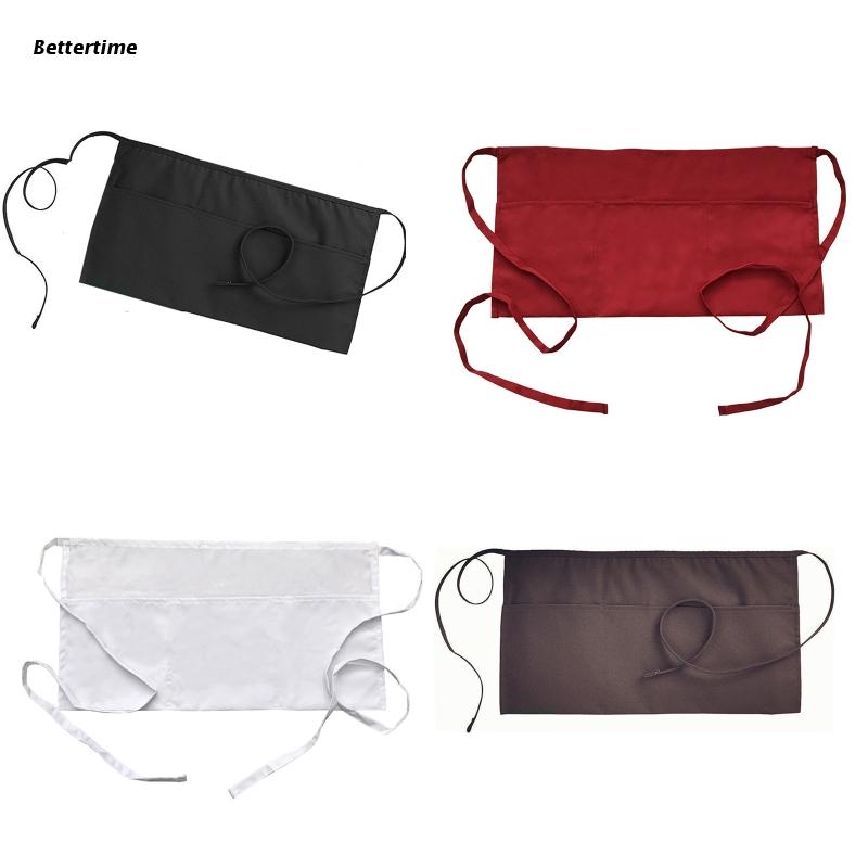 Women Men Half Waist Apron with 3 Pockets Long Waist Strap Reinforced Seams Waiter Waitress Server Aprons for Restaurant